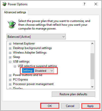 Desactivar la configuración de suspensión selectiva USB