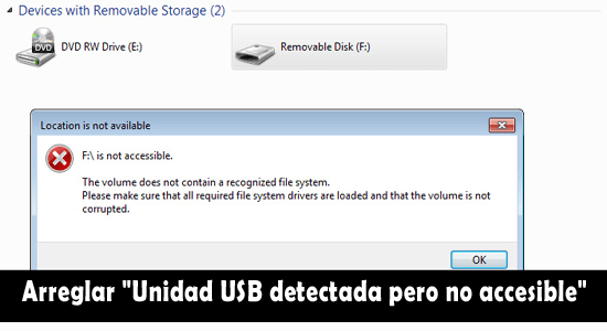 Arreglar "Unidad USB detectada pero no accesible"