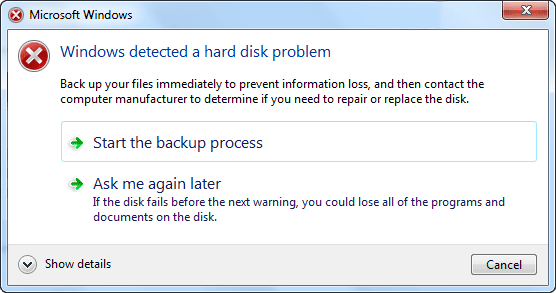 Windows detectado un Duro problema de disco”